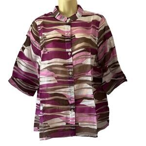 Alfred Dunner Multicolor Burnout Blouse Woman Size 12 Wavy Print 3/4 Sleeves